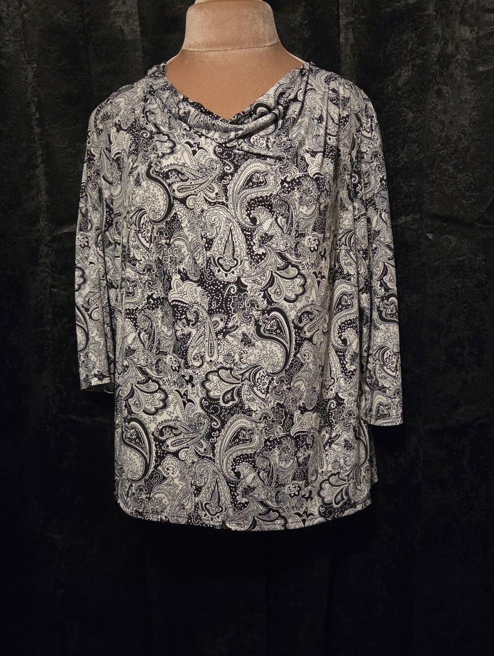 Carol Rose XL Women's Black & White Paisley Cowl Neck Top